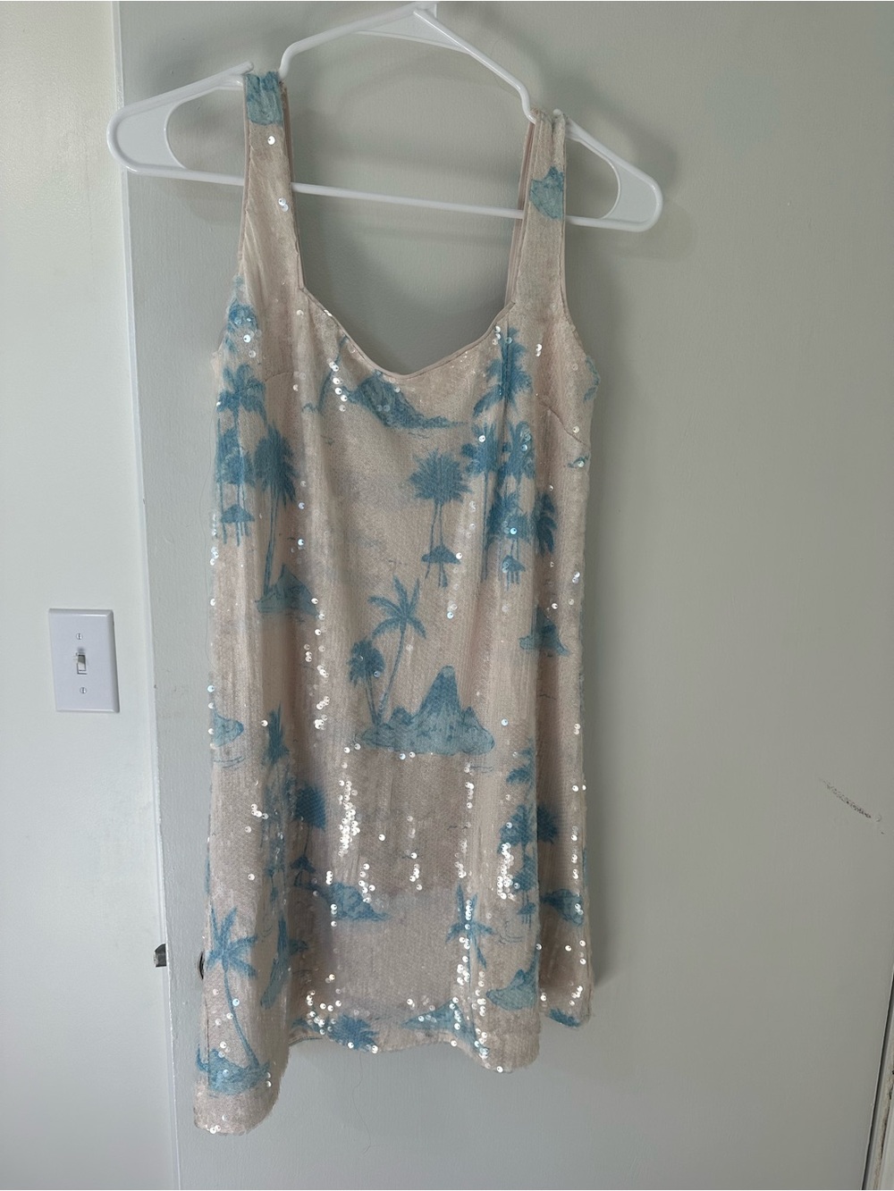 Gianni Bini Cream Sequin Slip Dress with Blue Palm Print